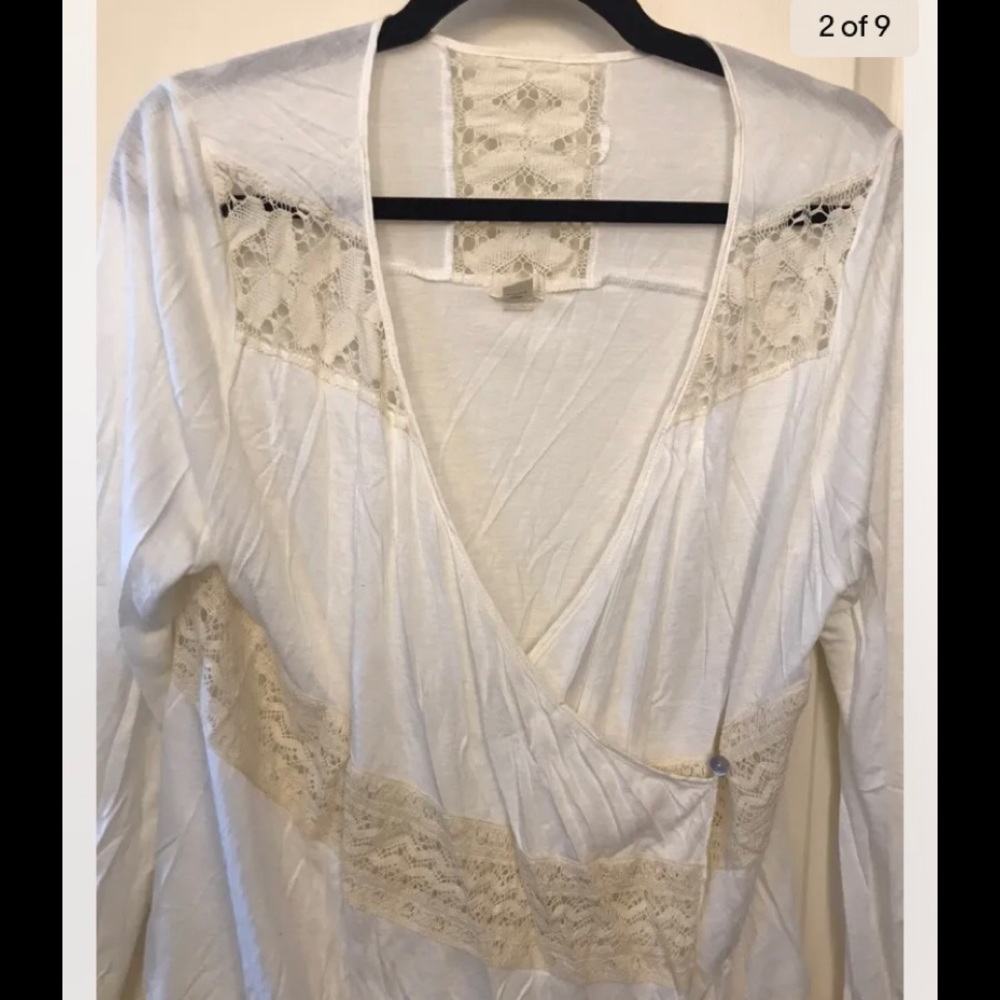 Anthropologie ivory and cream embroidery lace Cotton layering wrap top pretty Lg